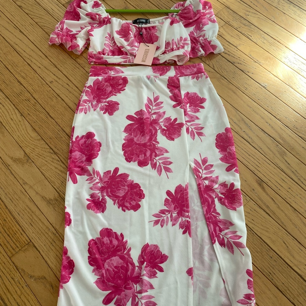 2 piece floral pink skirt and crop top